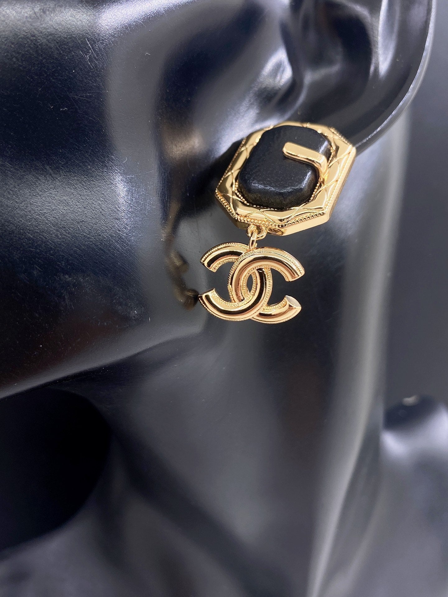 Chanel Pendant Leather 18K Gold Earrings