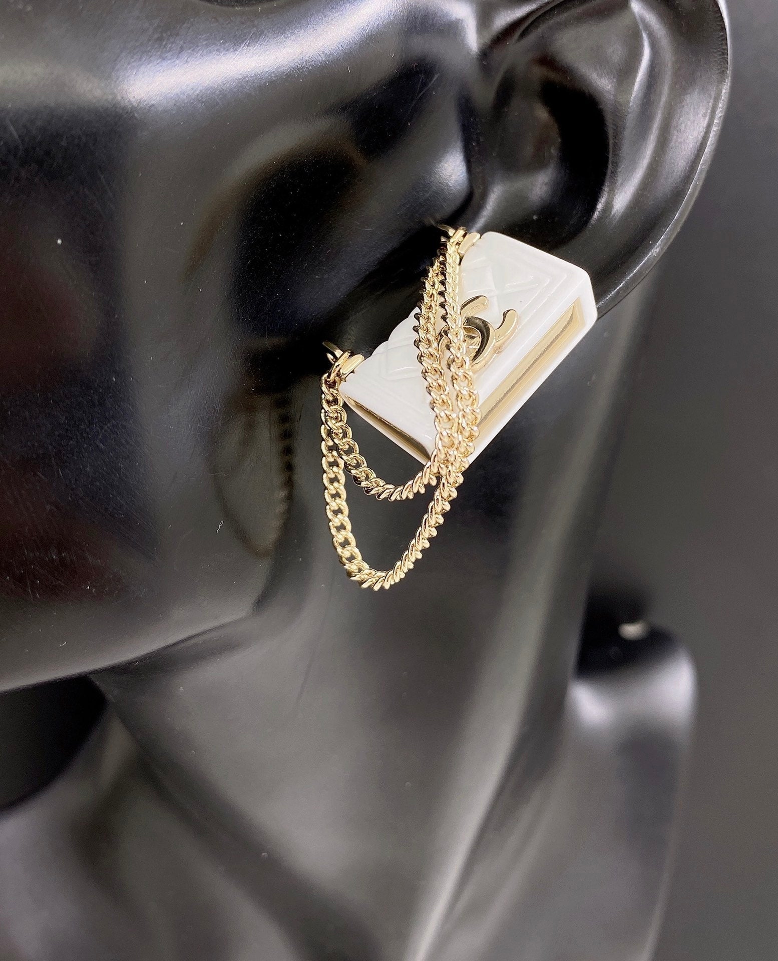 Chanel White Bag 18K Gold Earrings