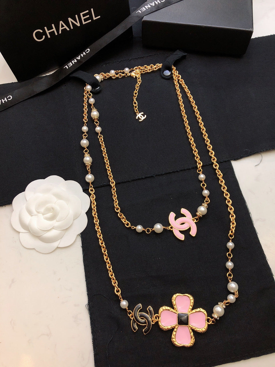 Chanel Pink Flowers 18K Gold Necklace
