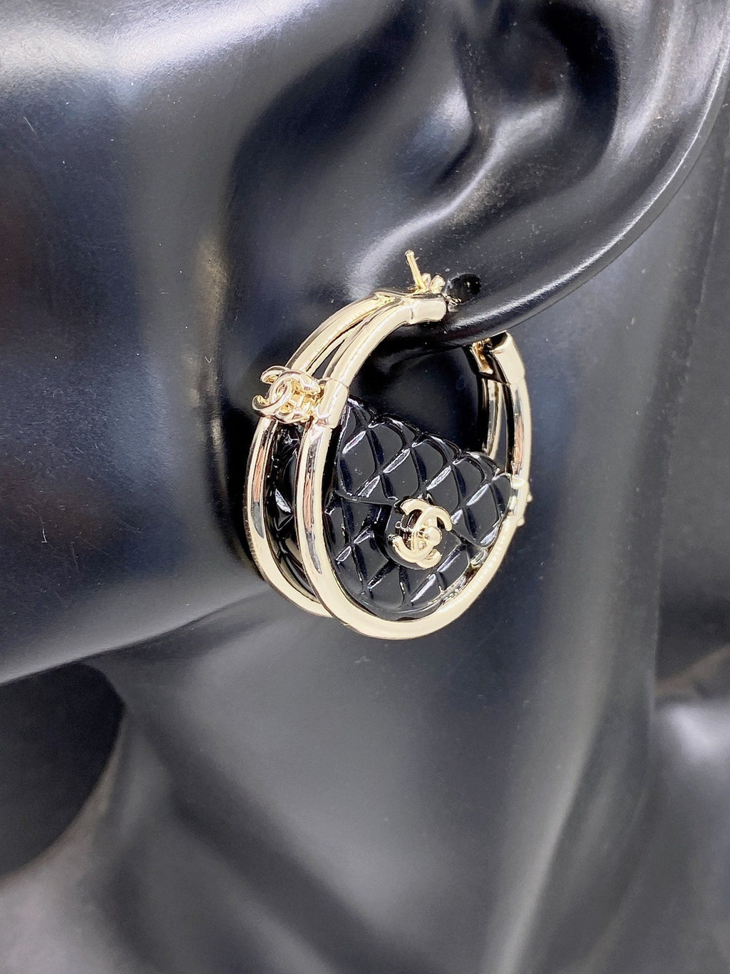 Chanel Black Bag 18K Gold Earrings