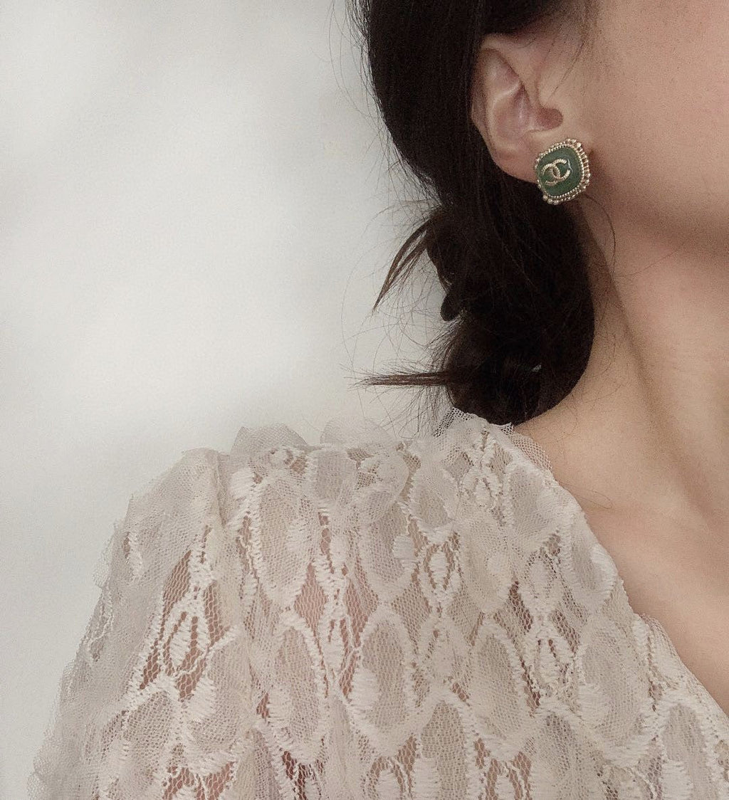 Chanel Green Square 18K Gold Earrings