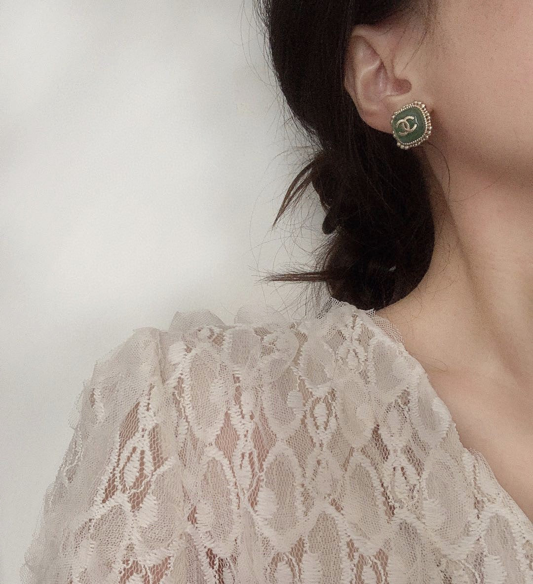 Chanel Green Square 18K Gold Earrings