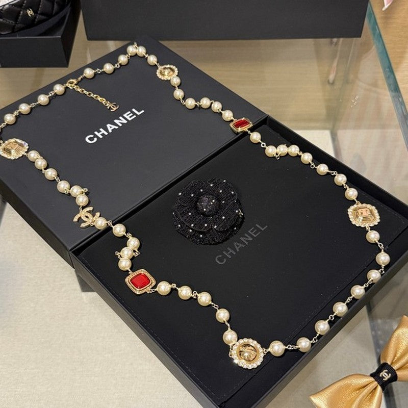 Chanel Long Pearl Red Crystals 18K Gold Necklace
