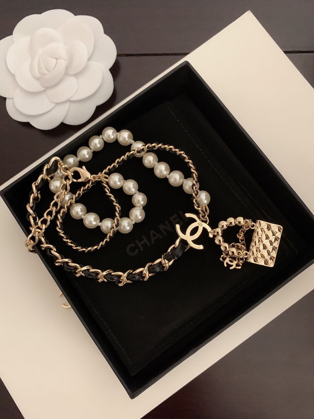 Chanel Pearl Leather Bag Pendant 18K Gold Necklace