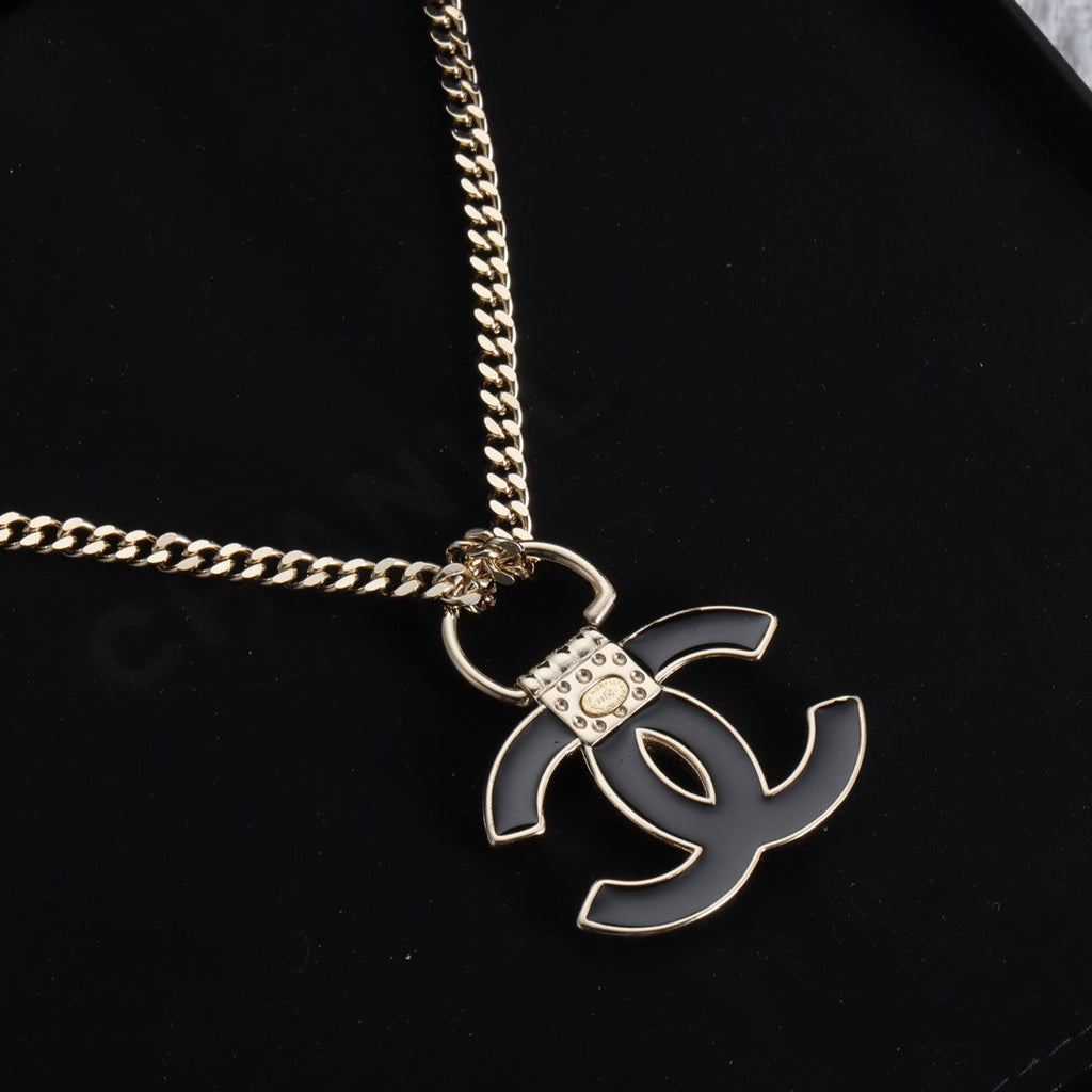 Chanel Black Resin Logo 18K Gold Necklace