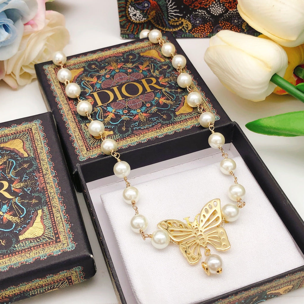 Dior Butterfly Pearl Chain 18K Gold Necklace