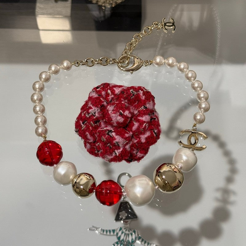 Chanel Red Crystal Pearl Choker 18K Gold Necklace