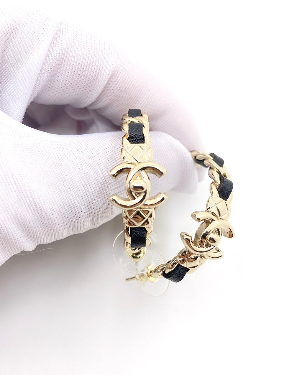 Chanel Circle Leather 18K Gold Earrings