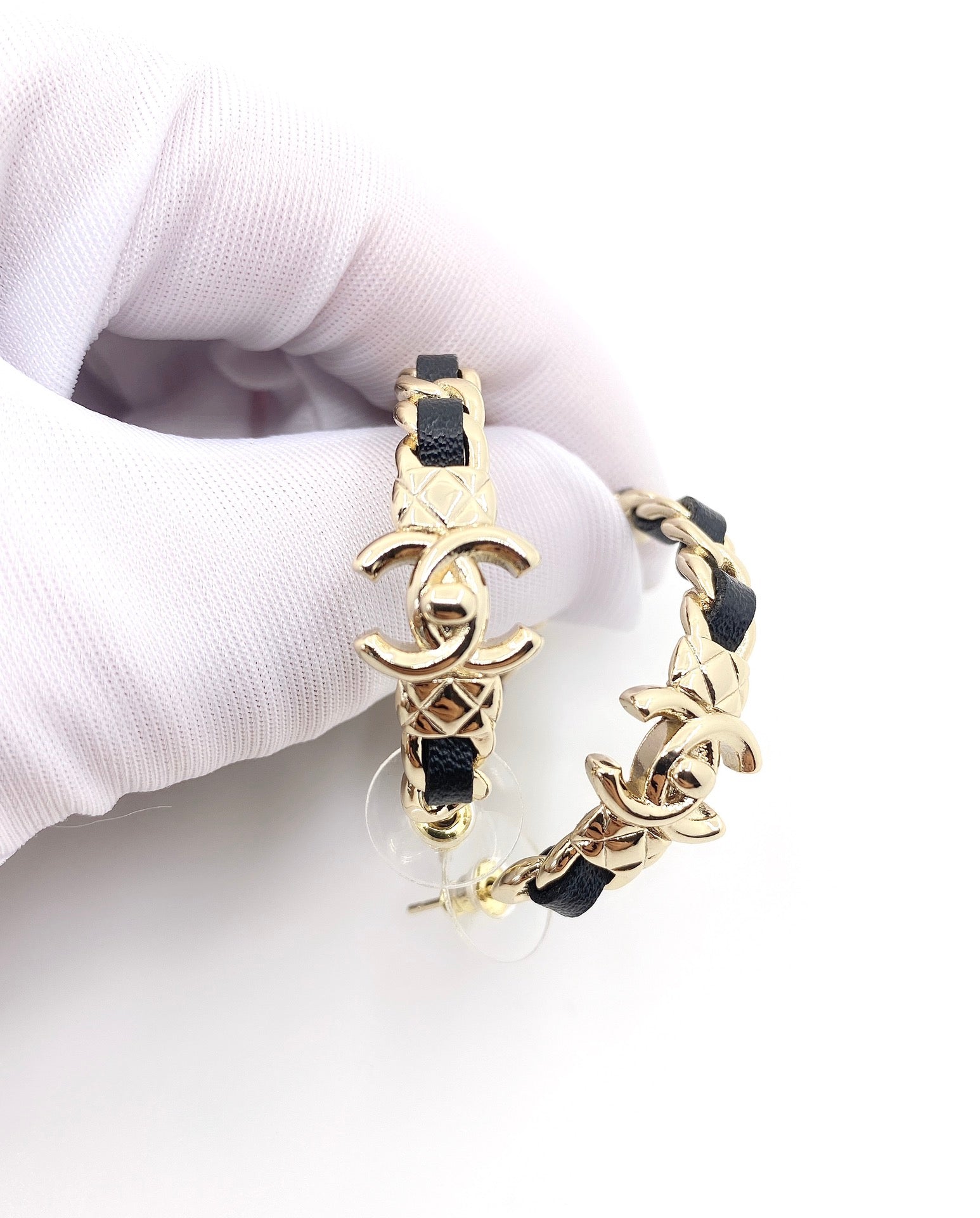 Chanel Circle Leather 18K Gold Earrings