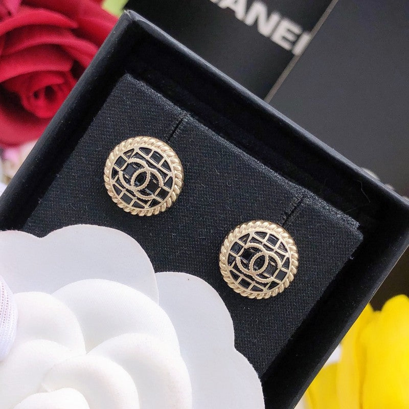 Chanel Black & Gold Round 18K Gold Earrings