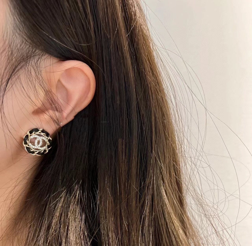 Chanel Black Leather 18K Gold Earrings