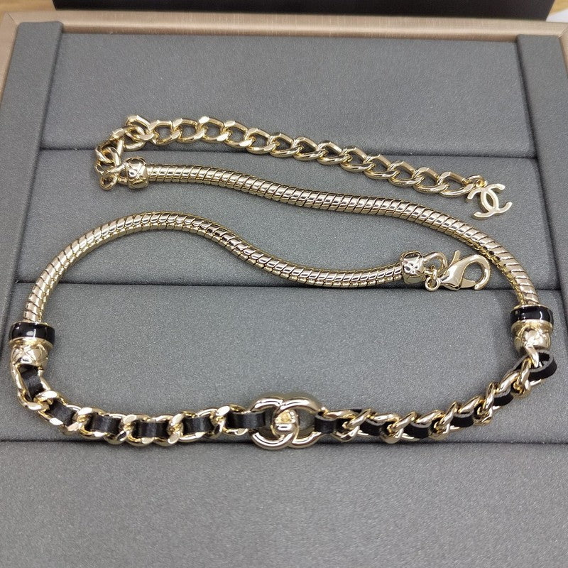 Chanel Black Leather Gold Chain 18K Gold Necklace