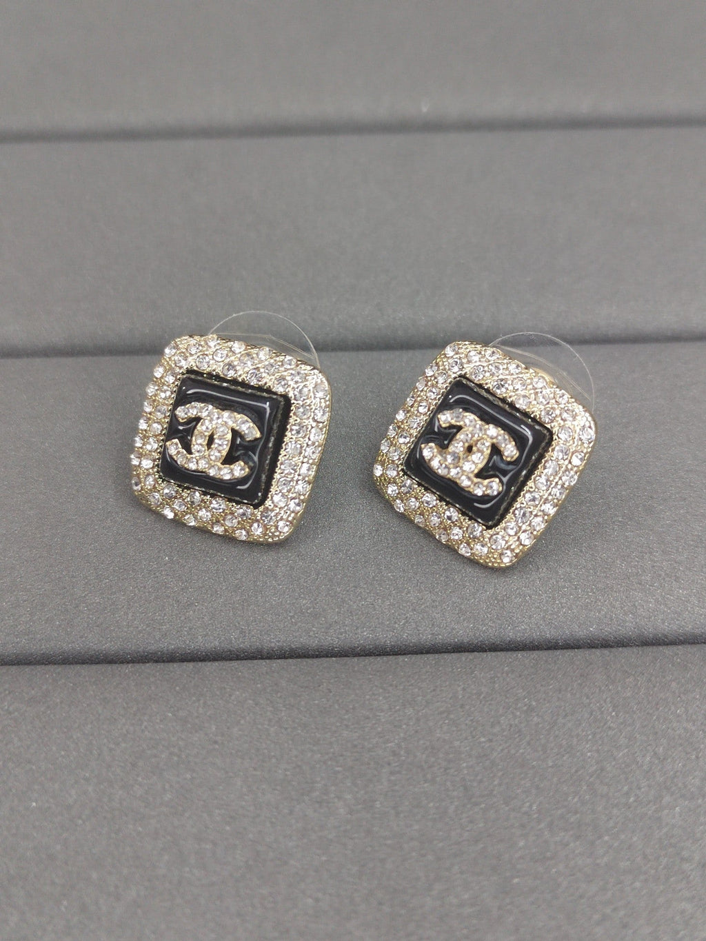 Chanel Diamond Square Black 18K Gold Earrings