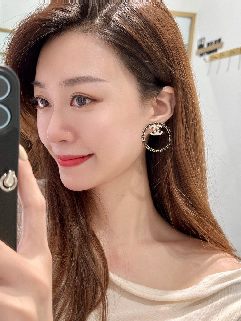 Chanel Black Leather Circle 18K Gold Earrings