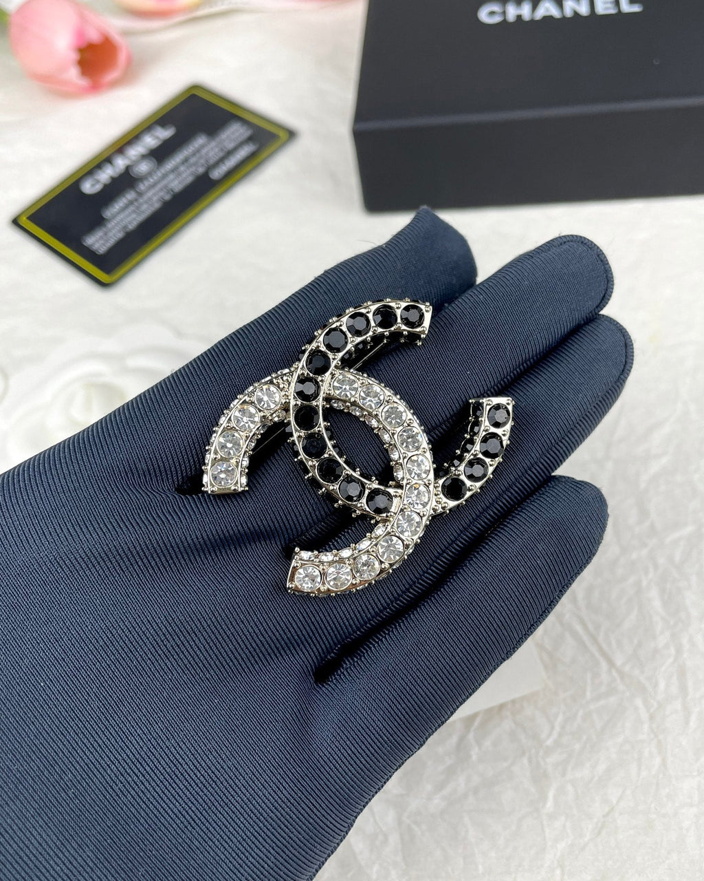 Chanel Black & White Crystals 18K Gold Brooch