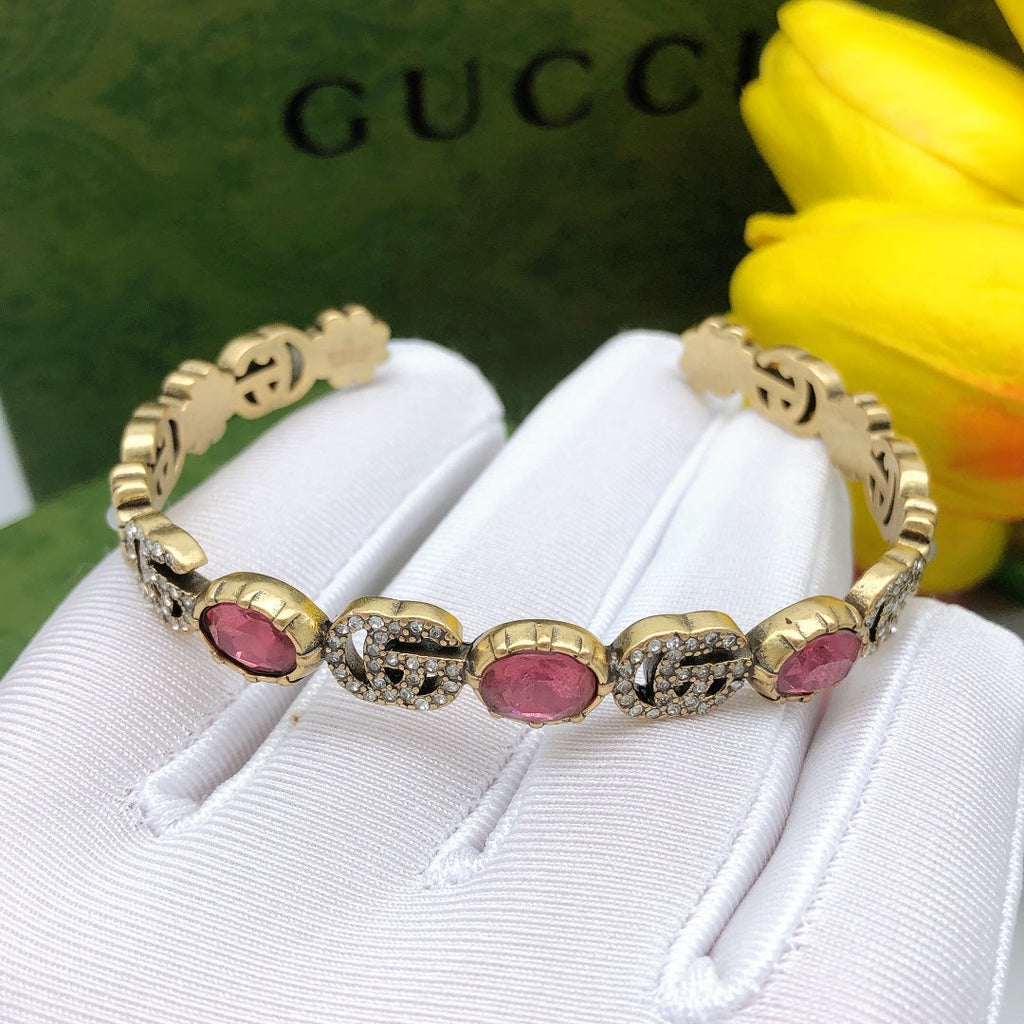 Gucci Double Red Crystals Open Cuff 18K Gold Bracelet