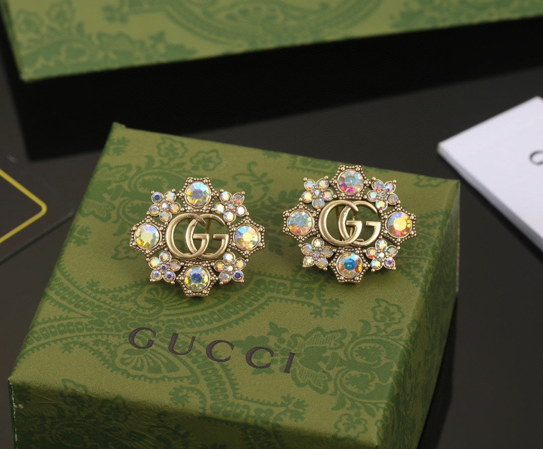 Gucci Double Blue Flowers 18K Gold Earrings