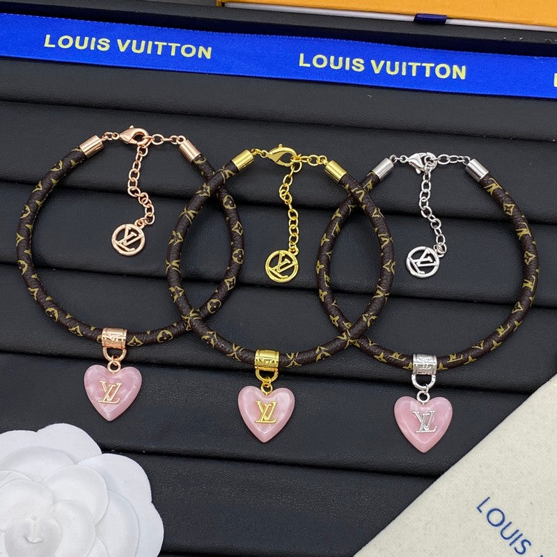 Louis Vuitton Leather Pink Heart 18K Gold Bracelet