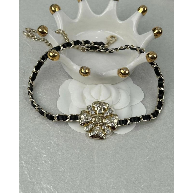Chanel Black Leather Flower 18K Gold Necklace