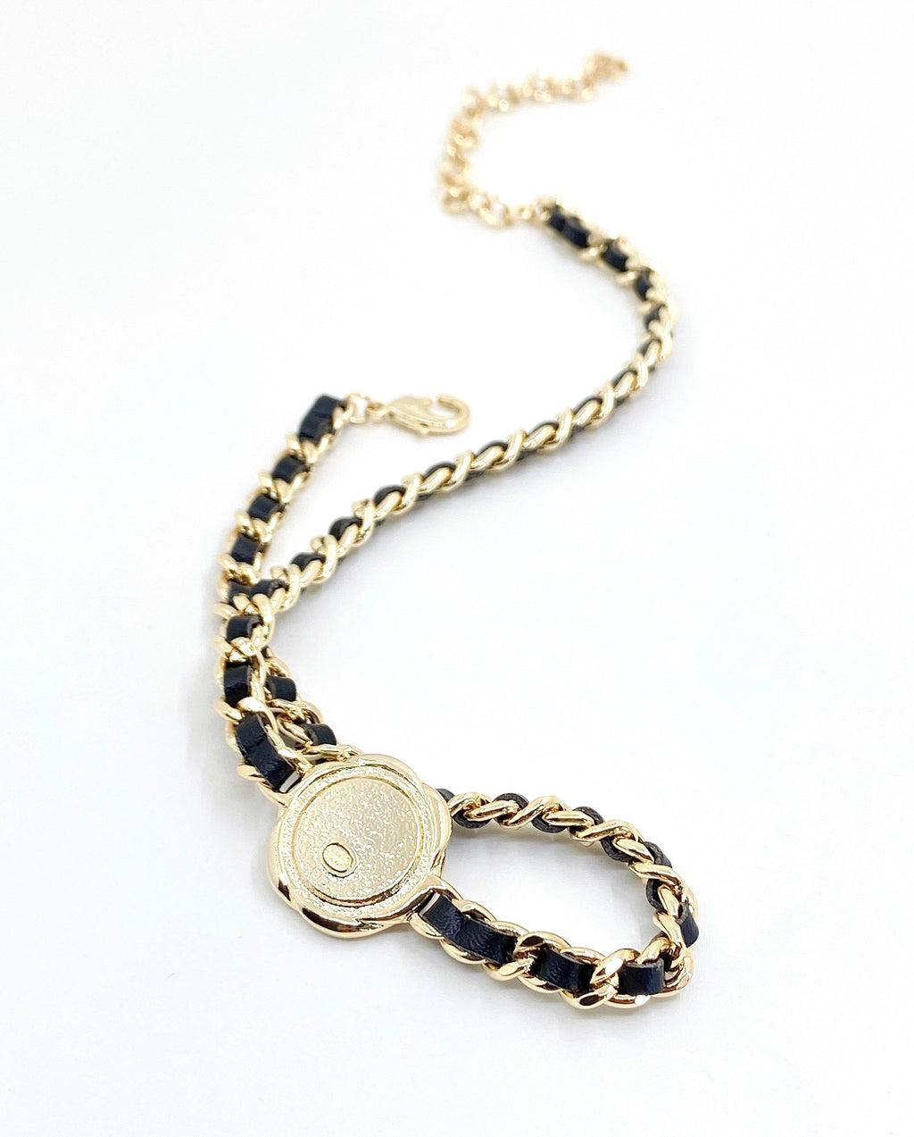 Chanel Rhinestone Leather Choker 18K Gold Necklace