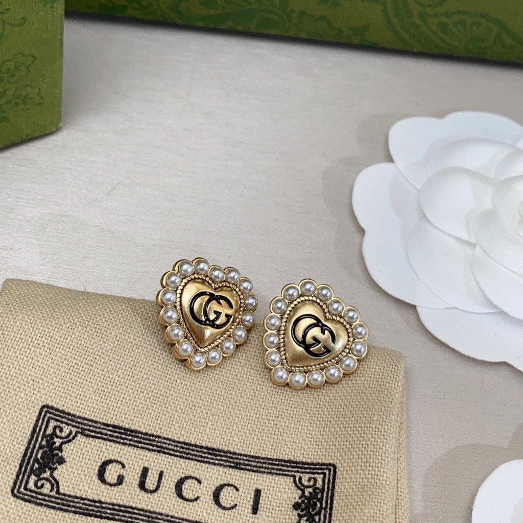 Gucci Double Heart Pearl 18K Gold Earrings