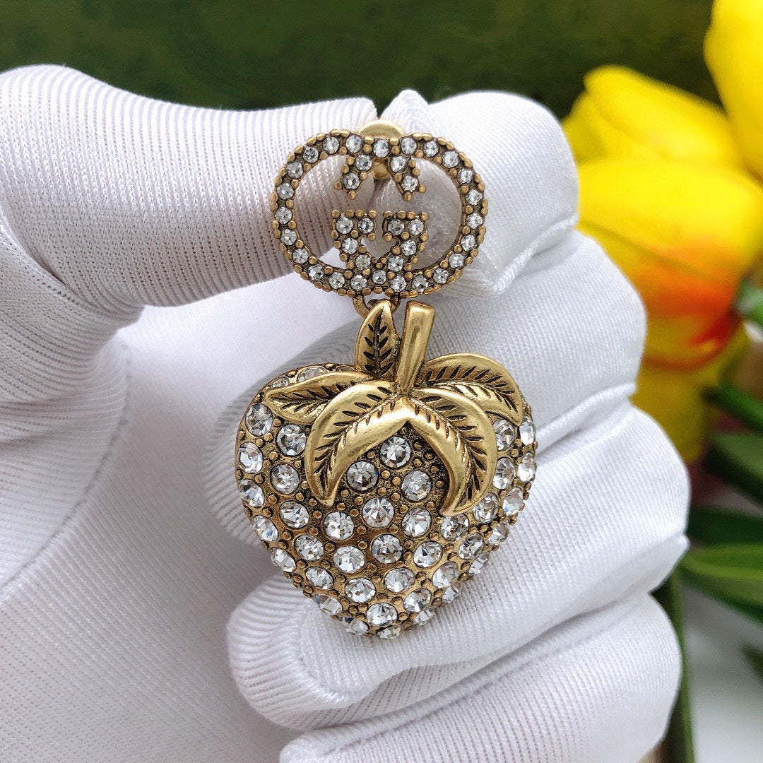 Gucci Double Crystal Strawberry Pendant 18K Gold Earrings