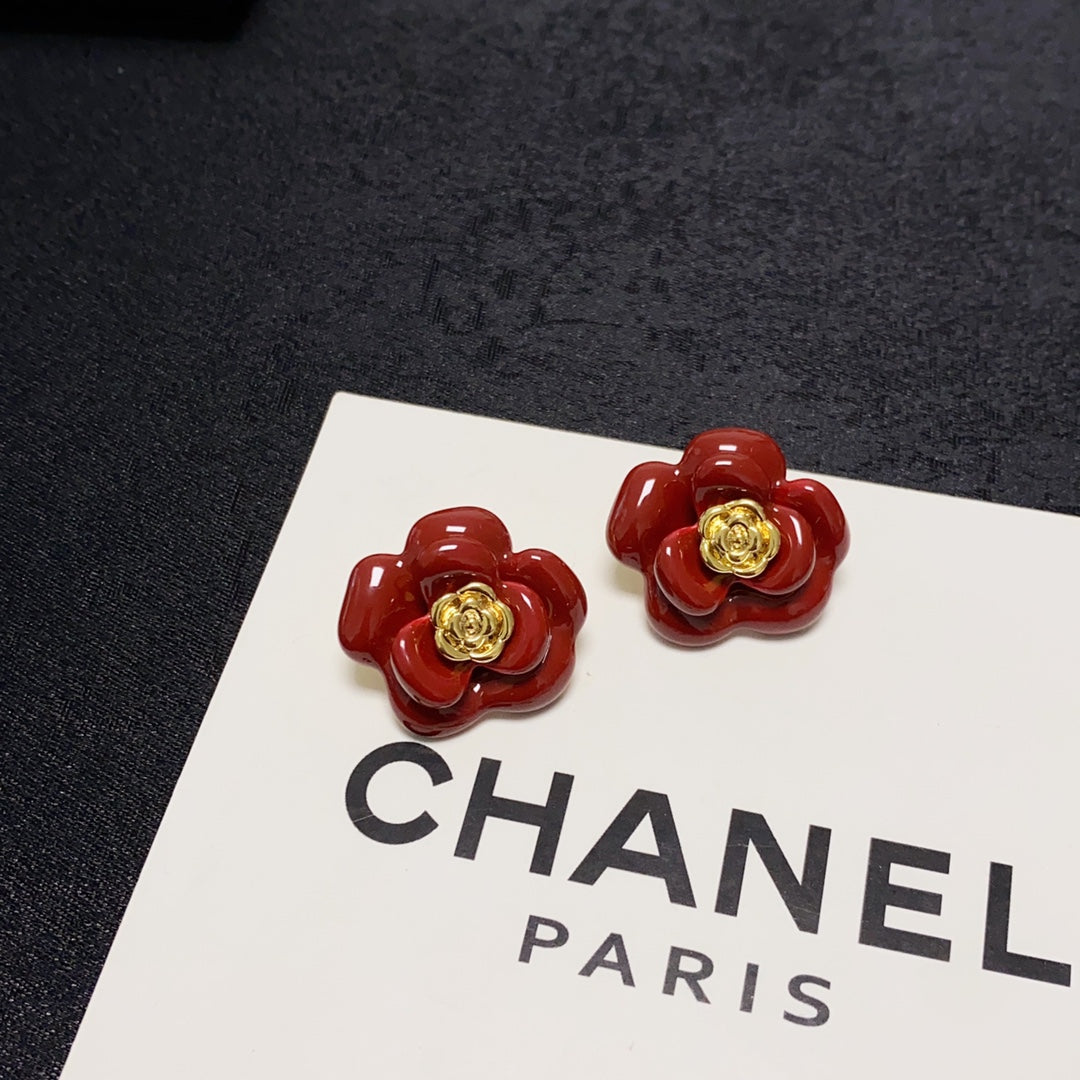 Chanel Red Camellia Resin 18K Gold Earrings