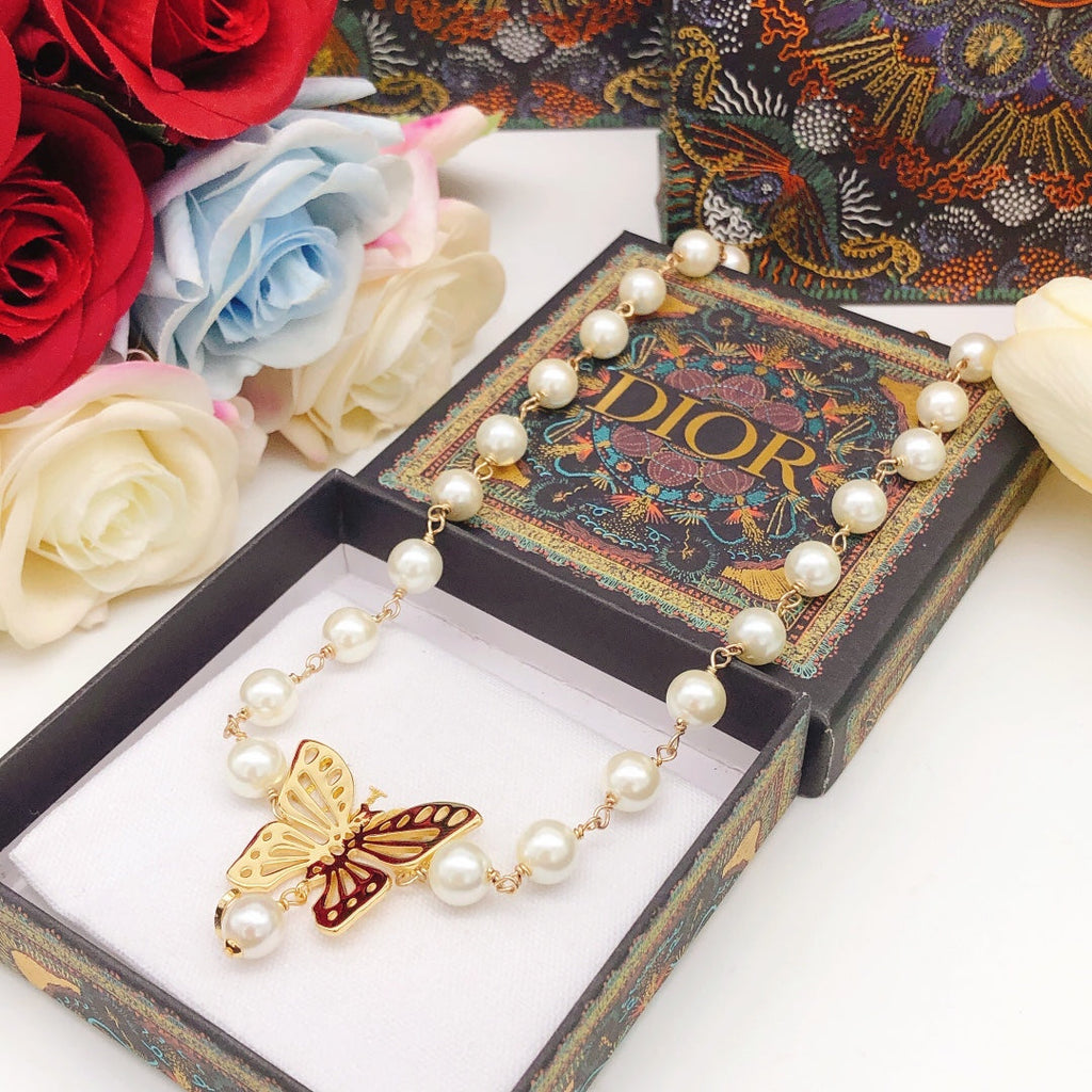 Dior Butterfly Pearl Chain 18K Gold Necklace
