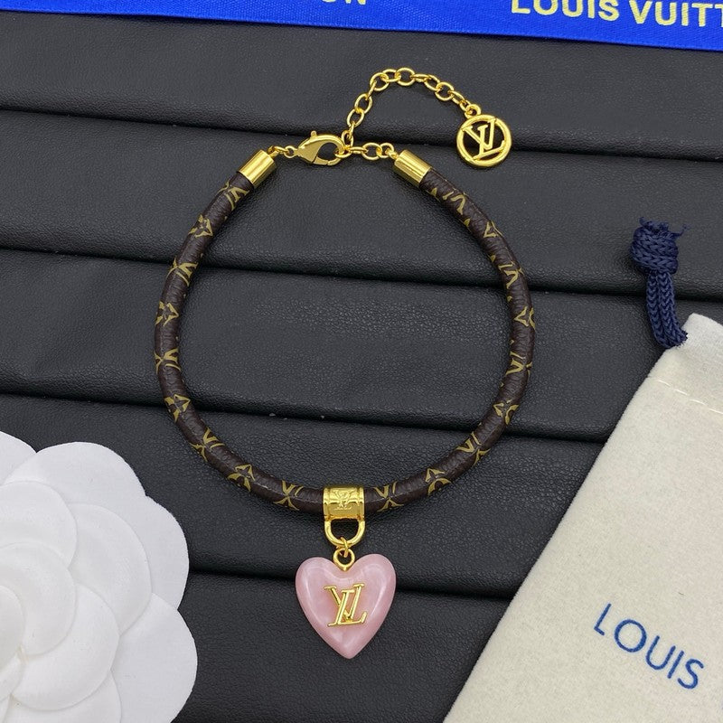 Louis Vuitton Leather Pink Heart 18K Gold Bracelet