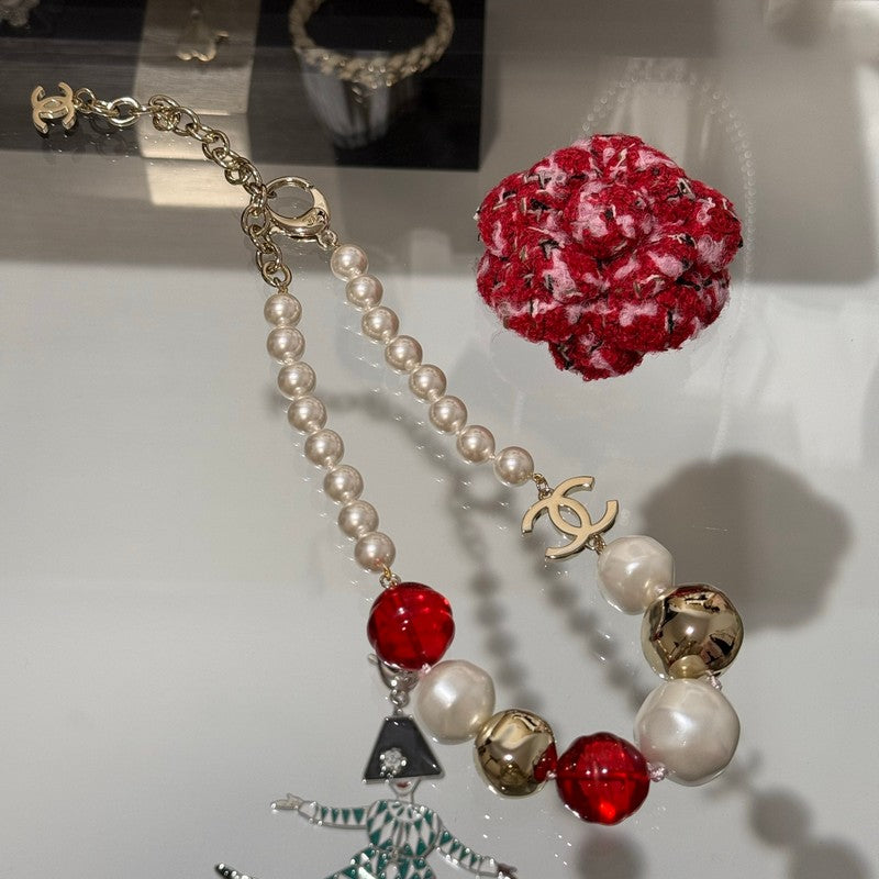 Chanel Red Crystal Pearl Choker 18K Gold Necklace