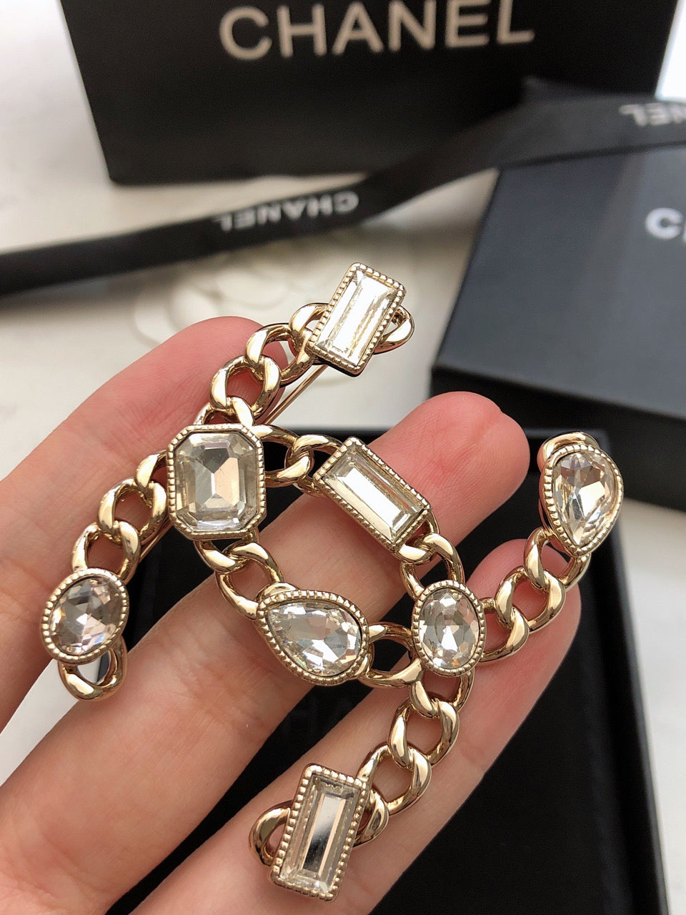 Chanel Crystals Strass 18K Gold Brooch