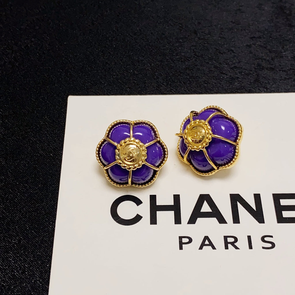 Chanel Purple Flowers 18K Gold Earrings