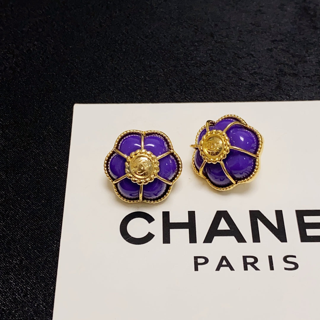 Chanel Purple Flowers 18K Gold Earrings