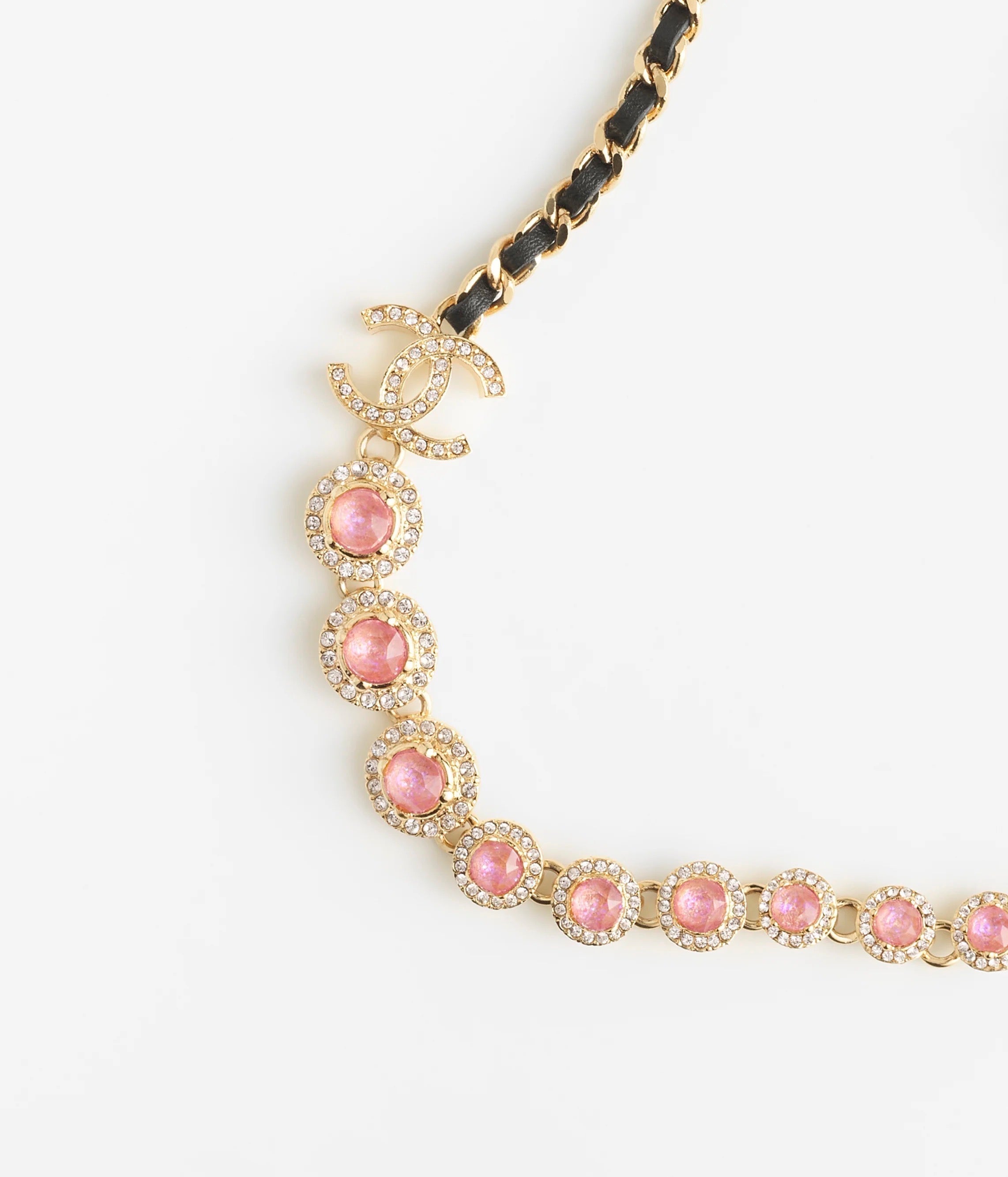 Chanel Pink Crystals Leather 18K Gold Necklace