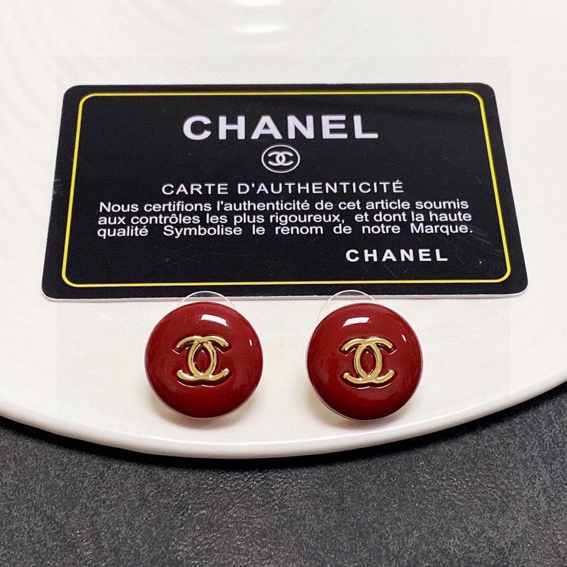 Chanel Wine Red Round 18K Gold Earrings