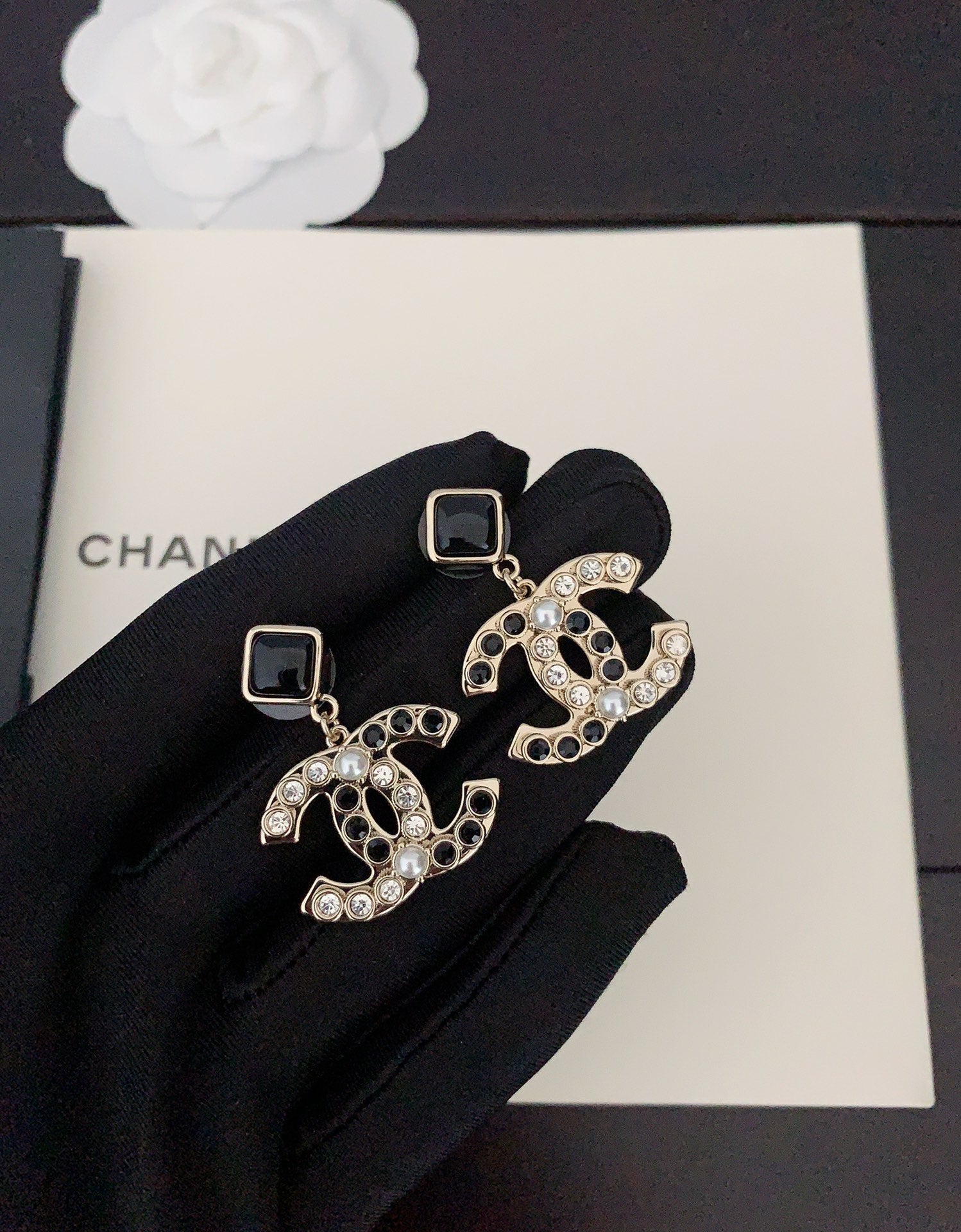 Chanel Black Crystals 18K Gold Earrings