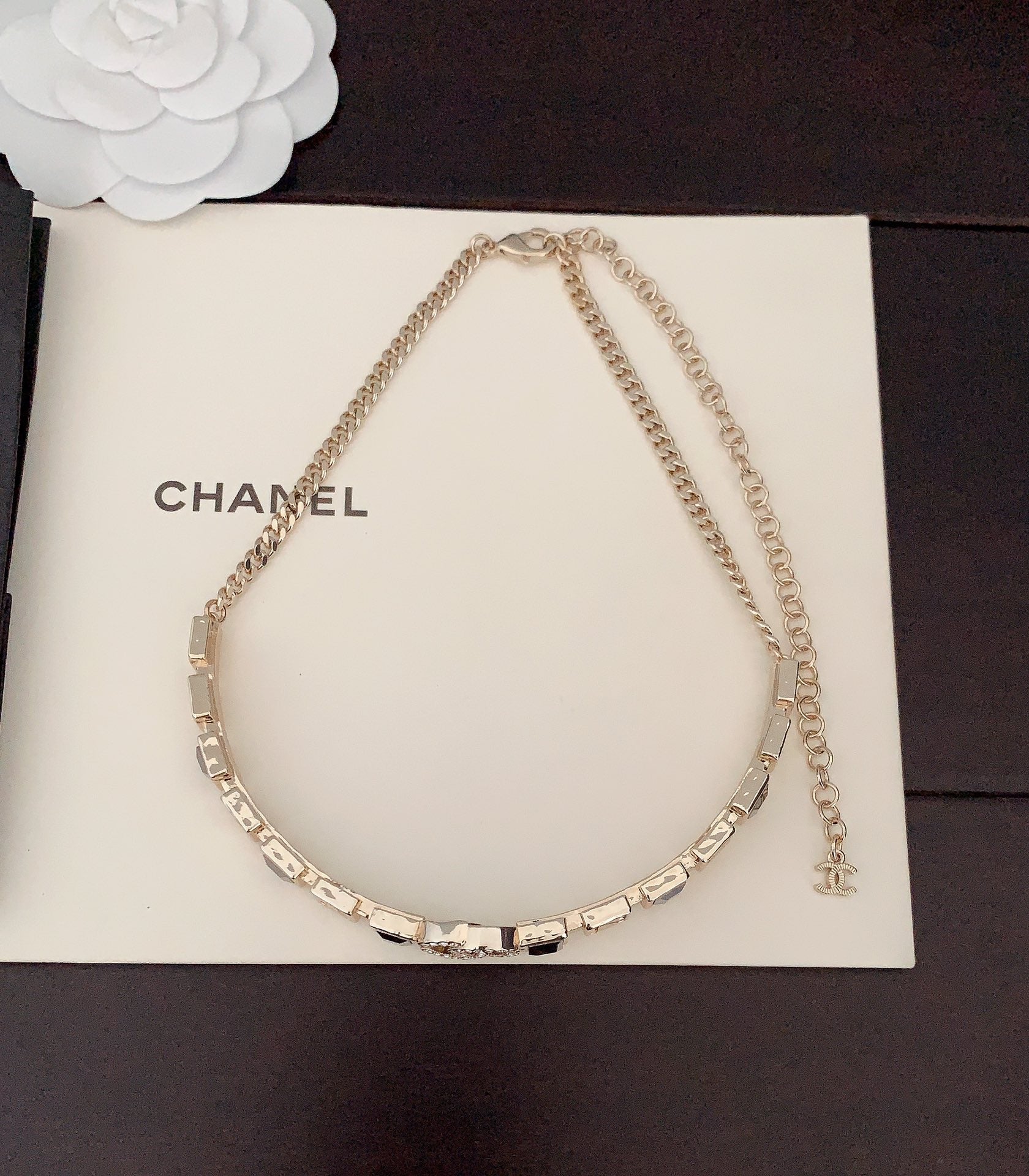 Chanel Gray Crystals 18K Gold Necklace