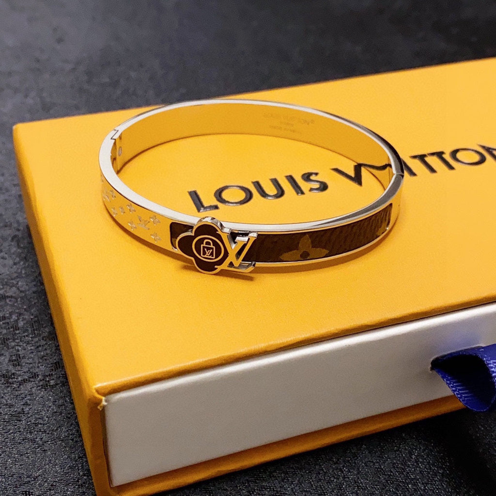 Louis Vuitton Leather Lock 18K Gold Bracelet
