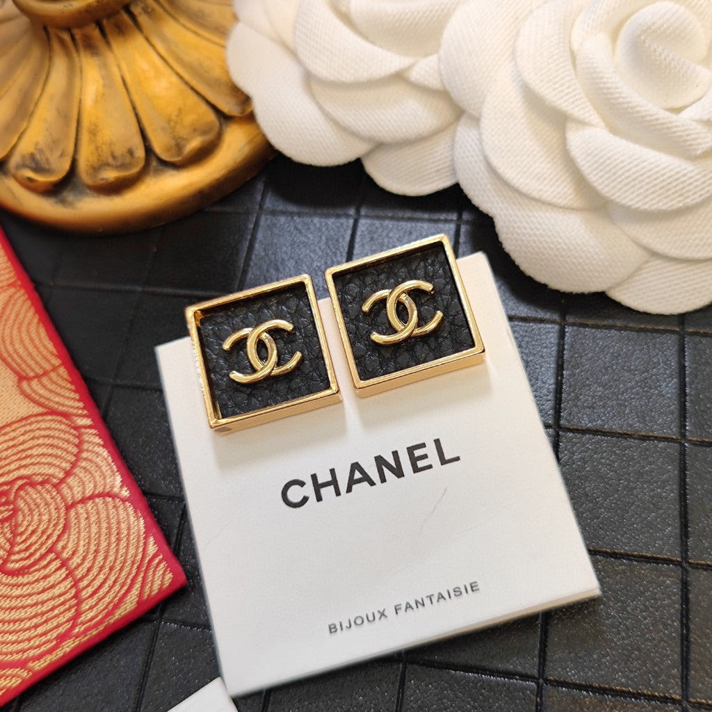 Chanel Black Square 18K Gold Earrings