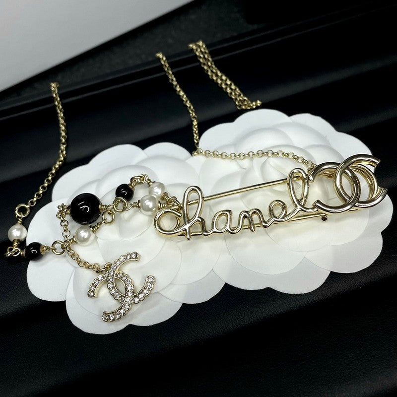 Chanel Rhinestone Pearl Letter 18K Gold Necklace