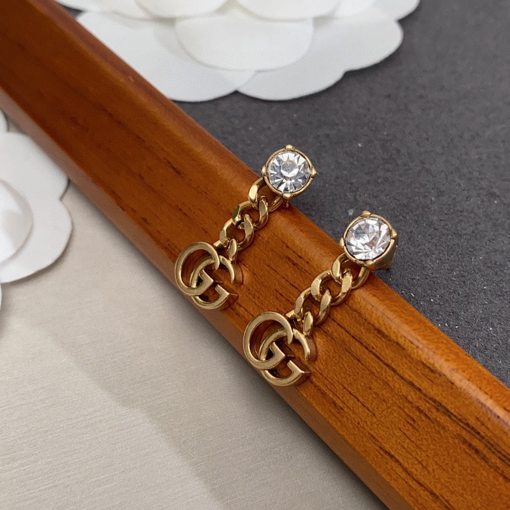 Gucci Double Crystal Chain 18K Gold Earrings