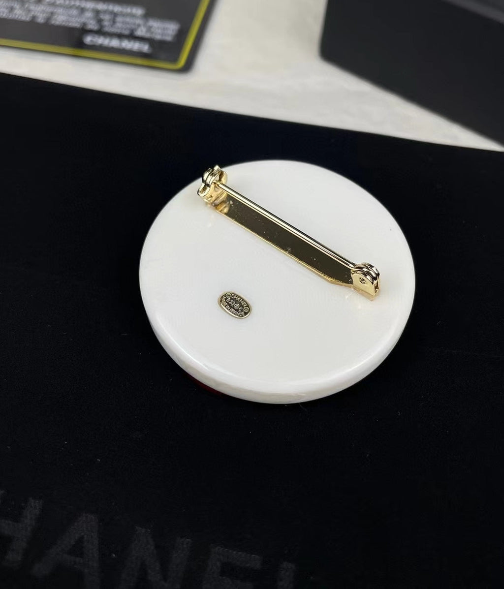 Chanel Red Heart Resin 18K Gold Brooch