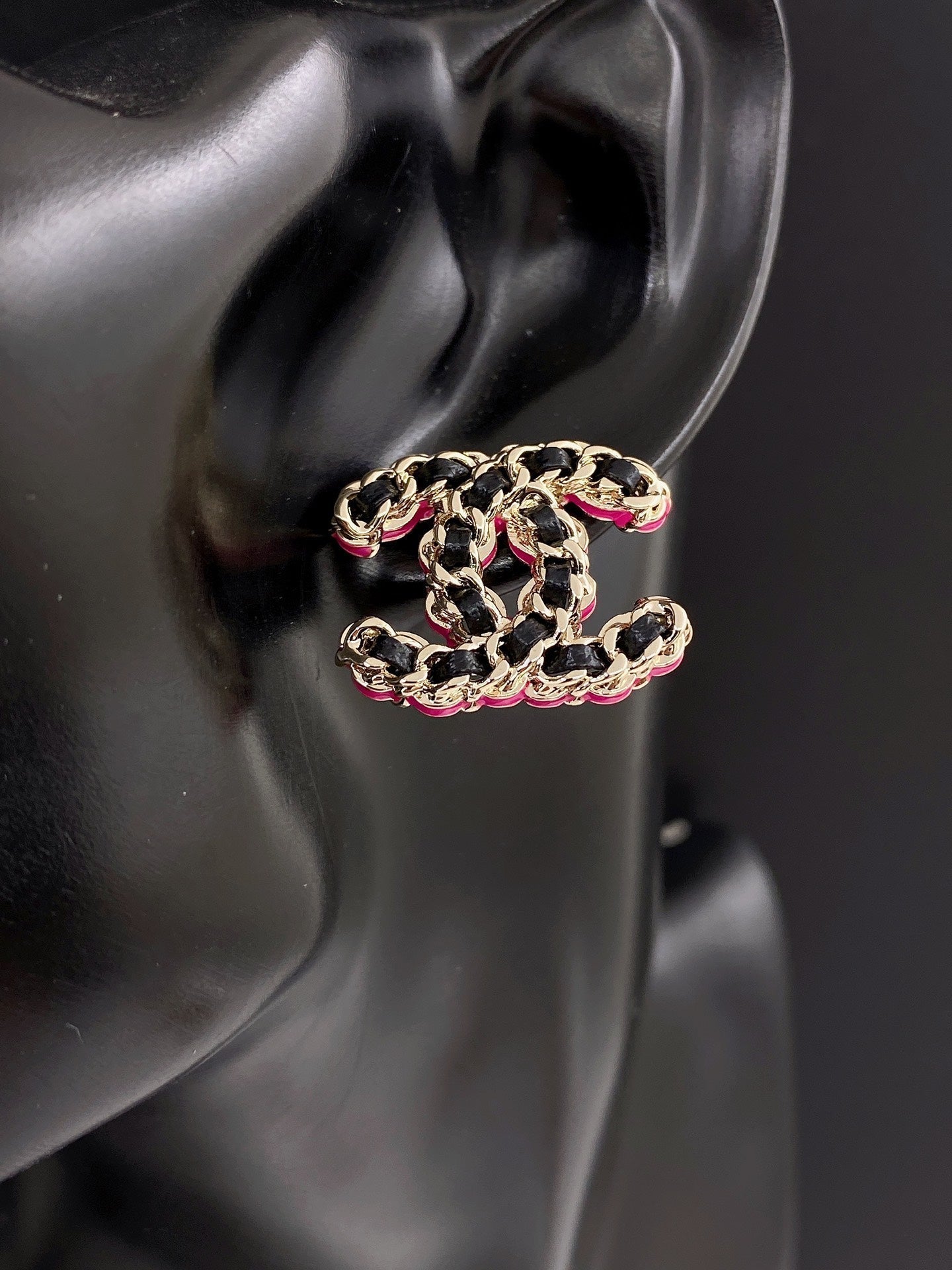 Chanel Pink Resin Leather 18K Gold Earrings