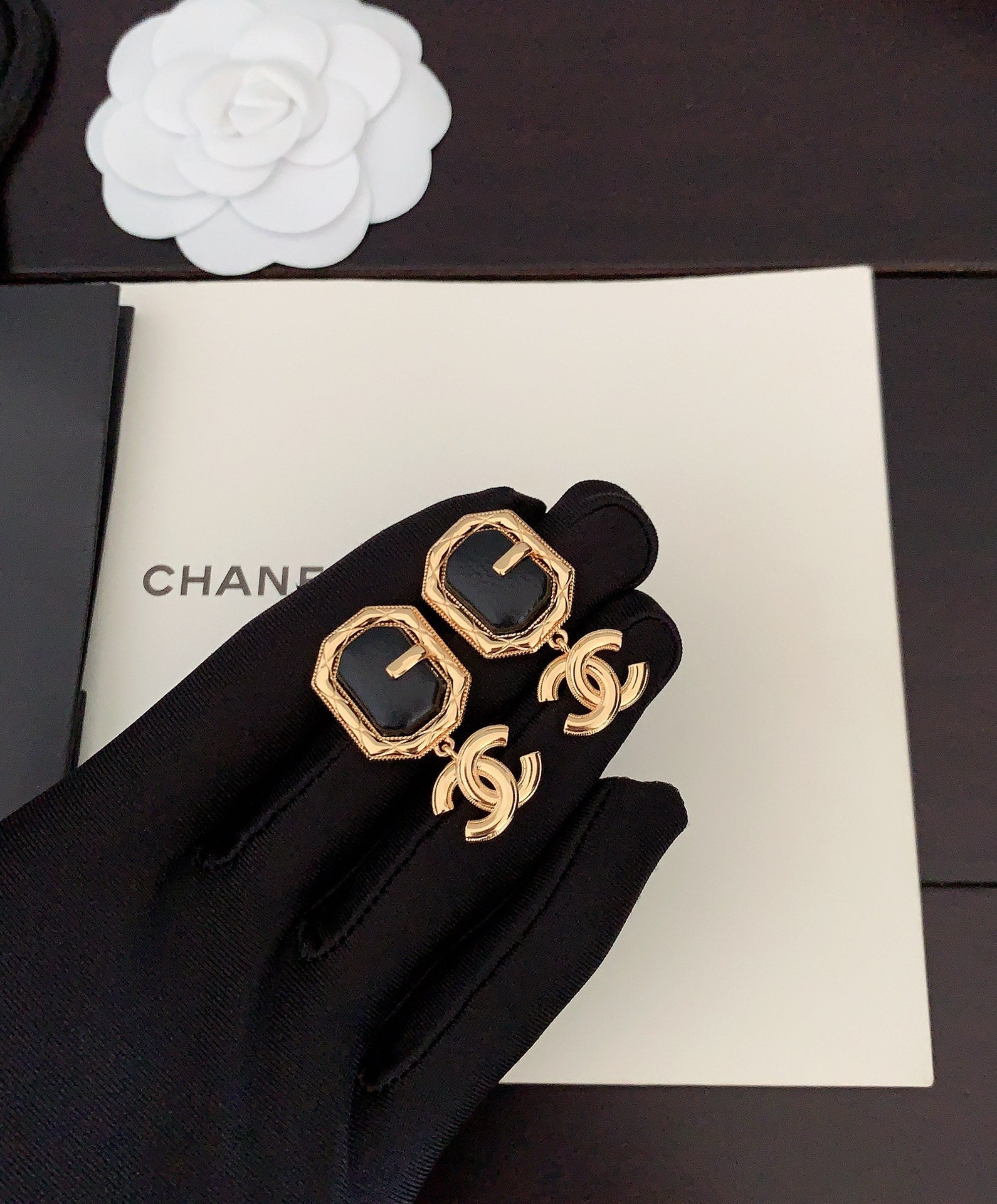 Chanel Pendant Leather 18K Gold Earrings