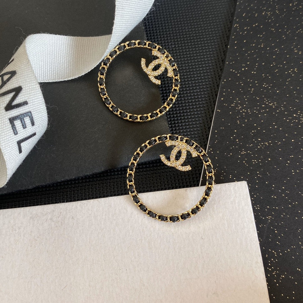 Chanel Black Leather Circle 18K Gold Earrings
