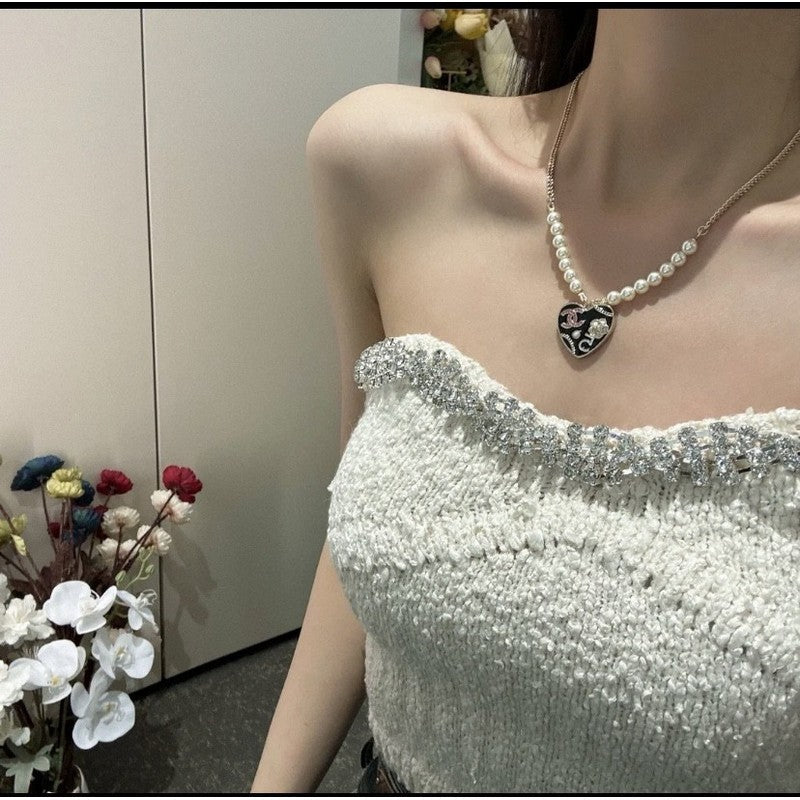 Chanel Pink & Black Heart Pearl 18K Gold Necklace