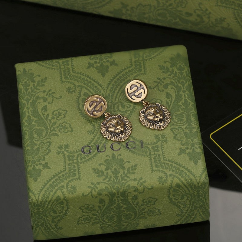 Gucci Double Lion Pendant 18K Gold Earrings