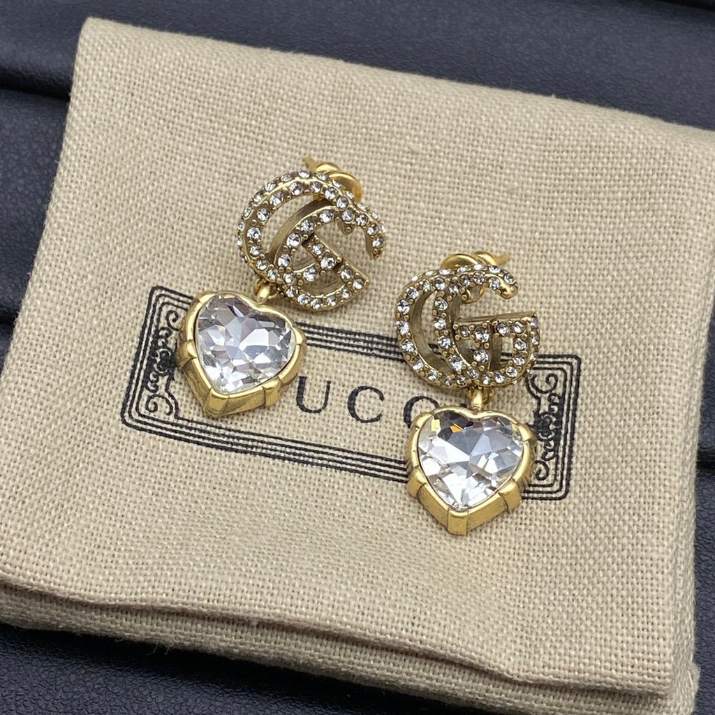 Gucci Double Crystal Pendant 18K Gold Earrings