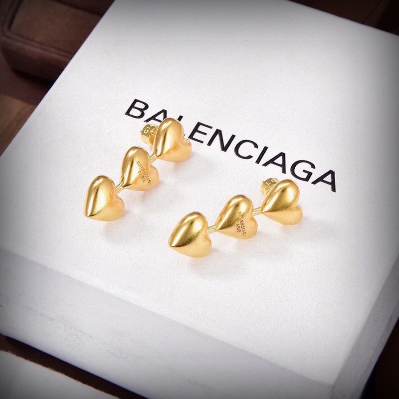 Balenciaga Three Heart Gold 18K Gold Earrings