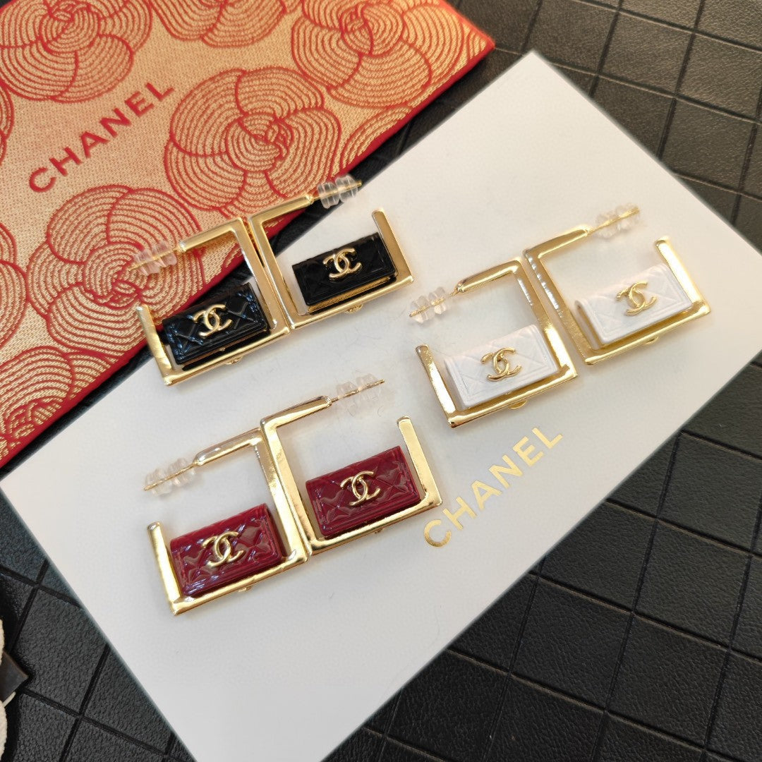 Chanel White Bag Hoop 18K Gold Earrings